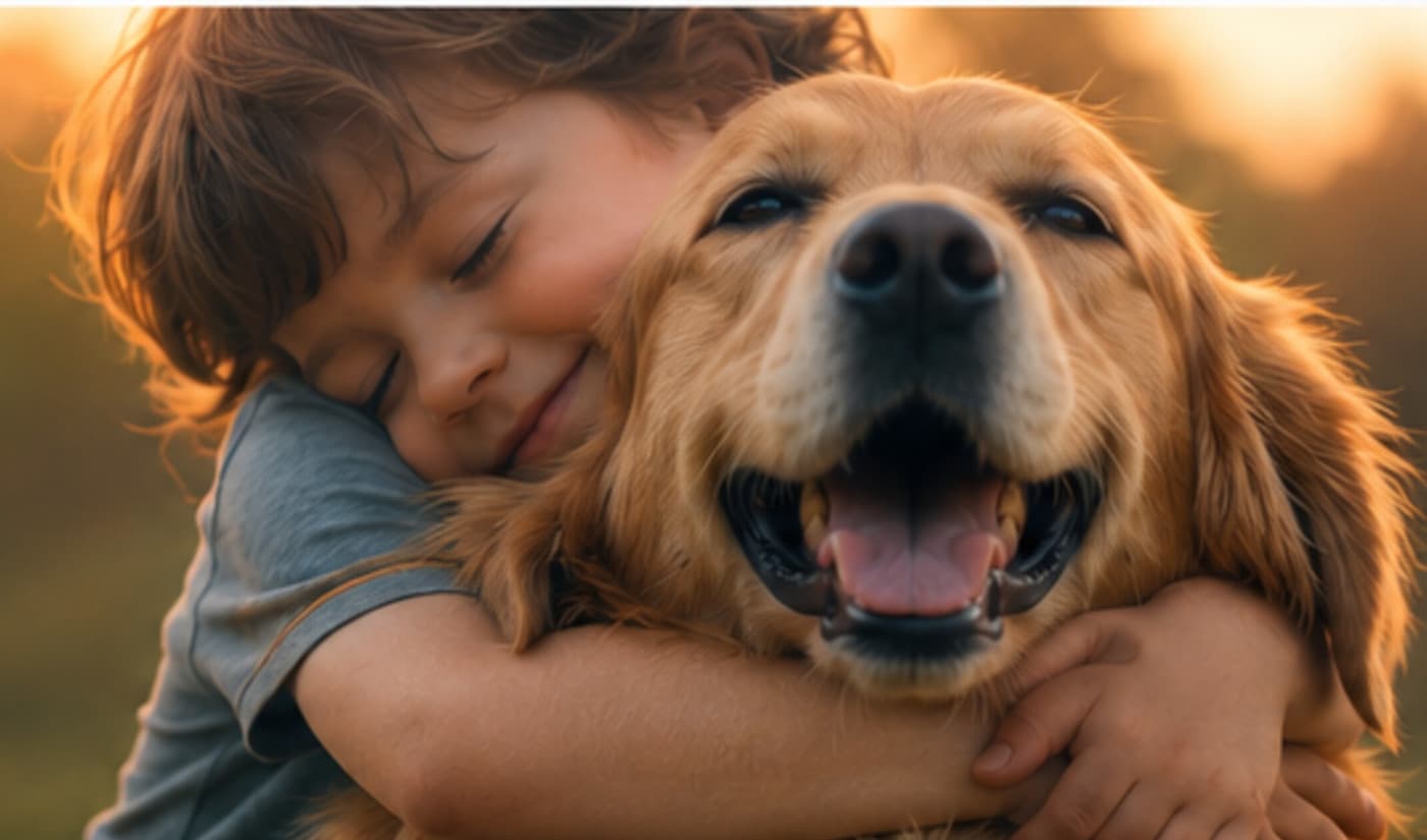 A child hugging a happy dog after being reunited